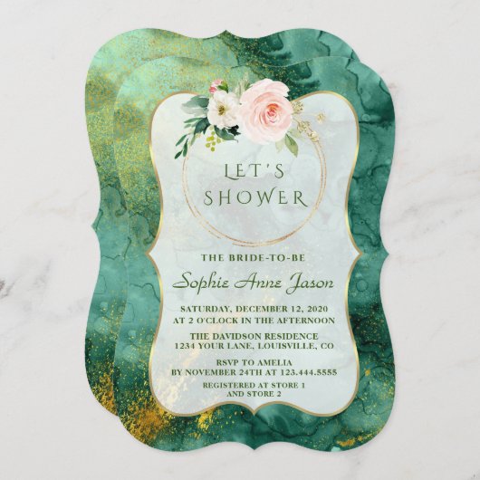 抽象芸術マラカイト金ゴールドピンク花ブライダルシャワー 招待状 (正面/裏面)