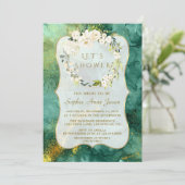 抽象芸術マラカイト金ゴールドホワイトフローラブライダルシャワー 招待状 (スタンド正面)