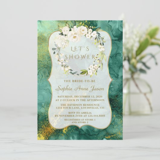 抽象芸術マラカイト金ゴールドホワイトフローラブライダルシャワー 招待状 (スタンド正面)