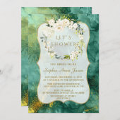 抽象芸術マラカイト金ゴールドホワイトフローラブライダルシャワー 招待状 (正面/裏面)
