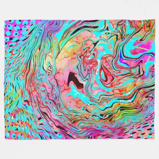 抽象芸術マーブルフルードアートティール(緑がかった色)パープルブルー フリースブランケット (正面(横))