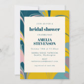 抽象芸術マーブルモダンティール(緑がかった色)イエローブライダルシャワー 招待状 (正面)