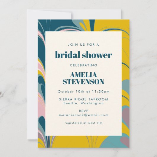 抽象芸術マーブルモダンティール(緑がかった色)イエローブライダルシャワー 招待状 (正面)
