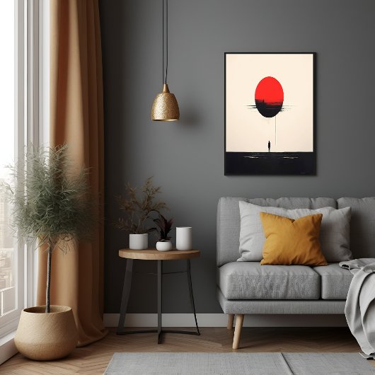 抽象芸術ミニマルな赤い太陽と孤独の芸術 ポスター