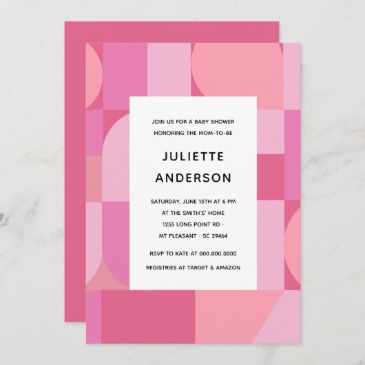 抽象芸術ミニモダンマリストピンクガール・ベビーシャワー 招待状 (正面/裏面)