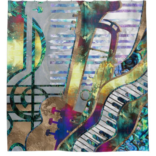 抽象芸術ミュージックアートコラージュ – 混合メディア#1 シャワーカーテン (正面)