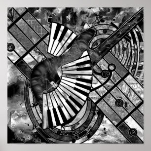 抽象芸術ミュージックアート – グレースケール混合質感 ポスター