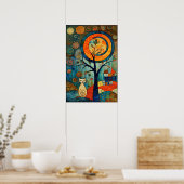 抽象芸術ムーンお洒落:ロマネスクスタイルの猫 ポスター (キッチン)