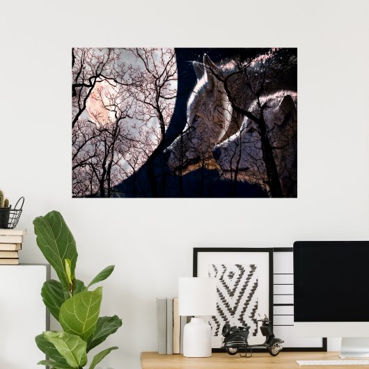抽象芸術ムーンフォレストウルフツリーポスター ポスター (ホームオフィス)
