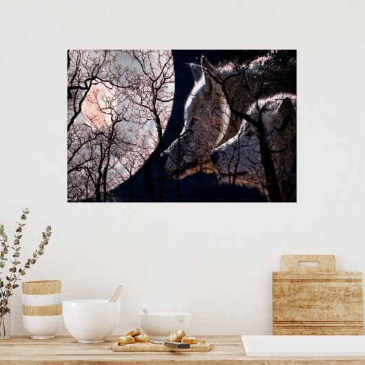 抽象芸術ムーンフォレストウルフツリーポスター ポスター (キッチン)