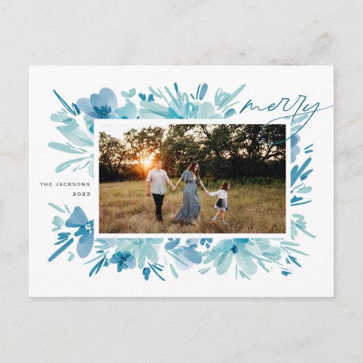 抽象芸術メリーブルーフラワークリスマス シーズンポストカード (正面)