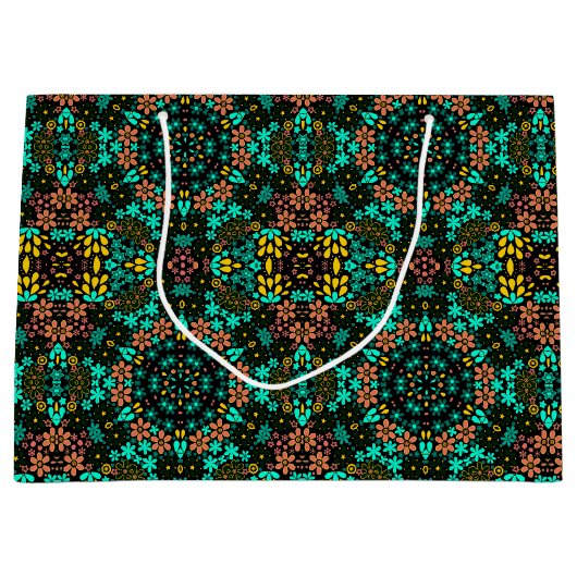 抽象芸術モザイク性フローラ花ブラック ラージペーパーバッグ (正面)