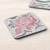 抽象芸術モザイク花バラピンク白グレーフローラ コースター (左側)