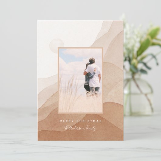 抽象芸術モダンの水色サンセットクリスマスカップル カード (スタンド正面)