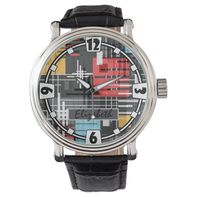 抽象芸術モダンの線ストライプの付きrec 腕時計 (正面)