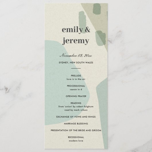 抽象芸術モダンアクアアートの結婚セレモニープログラム メニュー (正面)