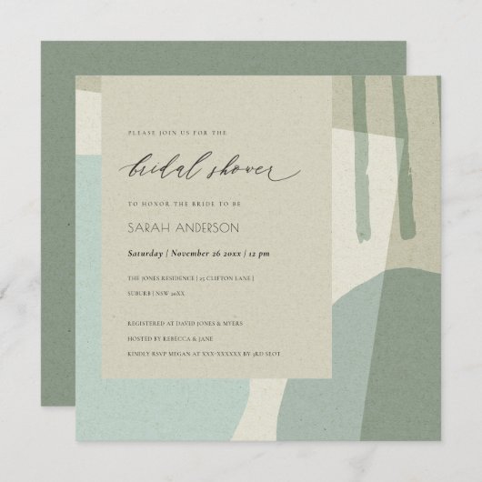 抽象芸術モダンアクアブルー芸術的ブライダルシャワー 招待状 (正面/裏面)