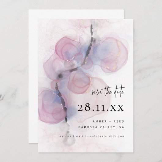 抽象芸術モダンアルコールインクアートピンク日付を保存 招待状 (正面/裏面)