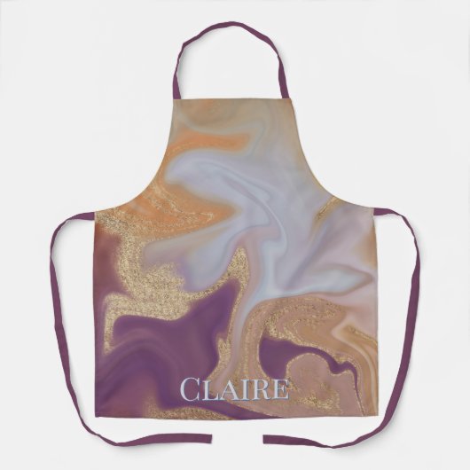 抽象芸術モダンアルコールインクパープル&金ゴールドモノグラム エプロン (正面)
