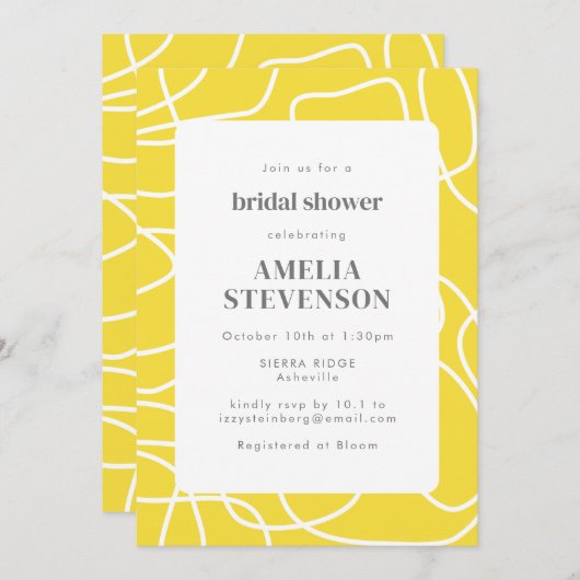 抽象芸術モダンアートイエローカスタムブライダルシャワー 招待状 (正面/裏面)