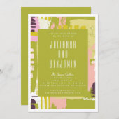 抽象芸術モダンアートライムグリーンとピンク結婚ズ 招待状 (正面/裏面)