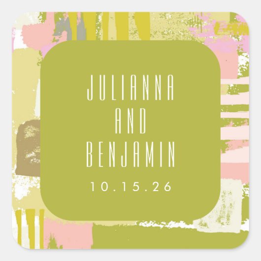 抽象芸術モダンアートライムグリーンピンク結婚ズカスタム スクエアシール (正面)