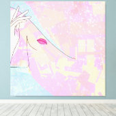 抽象芸術モダンアート女性顔ハンドラインアートピンク キャンバスプリント (インサイチュ (ウッドフロア))