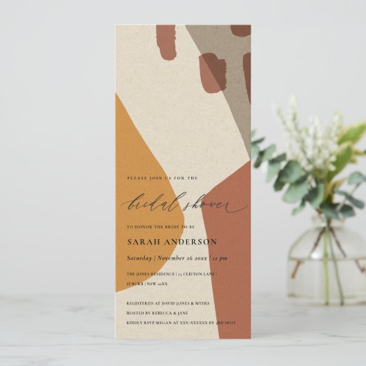 抽象芸術モダンイエローテラコッタブライダルシャワー 招待状 (スタンド正面)