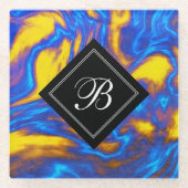 抽象芸術モダンイエローブルーパープルリキッドマーブル ガラスコースター (正面)