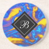 抽象芸術モダンイエローブルーパープルリキッドマーブル コースター (正面)