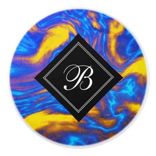 抽象芸術モダンイエローブルーパープルリキッドマーブル セラミックノブ (正面)