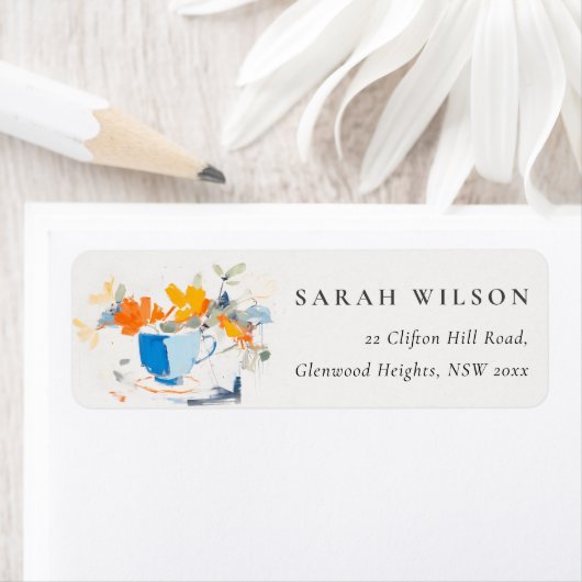 抽象芸術モダンイエローブルーフローラティーカップアドレス ラベル (インサイチュ)