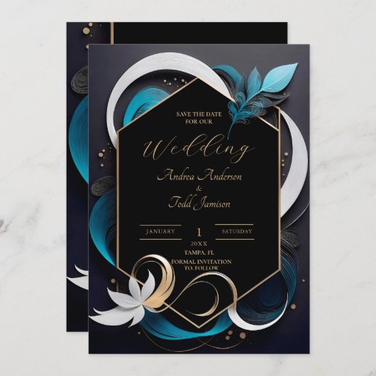 抽象芸術モダンエレガントティール(緑がかった色)、ホワイト、金ゴールド結婚ズ セーブザデート (正面/裏面)