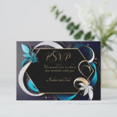 抽象芸術モダンエレガントティール（緑がかった色）、ホワイト、金ゴールド結婚ズ 出欠カード (スタンド正面)