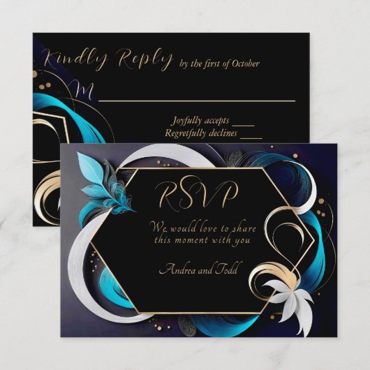 抽象芸術モダンエレガントティール（緑がかった色）、ホワイト、金ゴールド結婚ズ 出欠カード (正面/裏面)