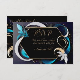 抽象芸術モダンエレガントティール(緑がかった色)、ホワイト、金ゴールド結婚ズ 出欠カード