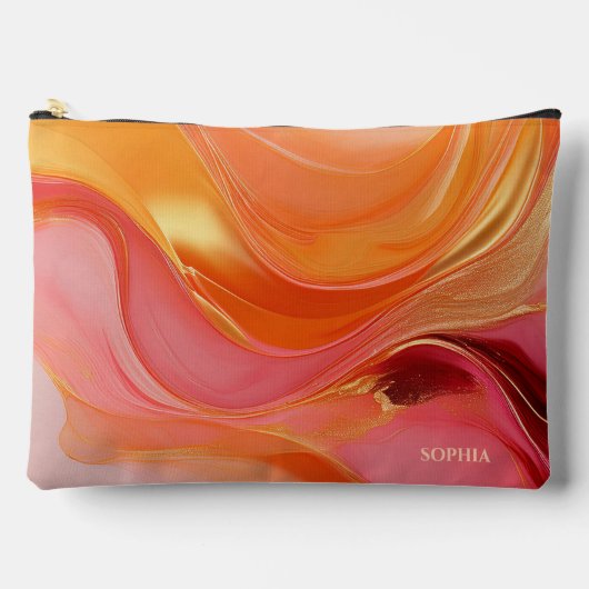 抽象芸術モダンオレンジ色ピンクと金ゴールド アクセサリーポーチ (正面)