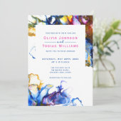 抽象芸術モダンカラフル青インク色の大理石 招待状 (スタンド正面)