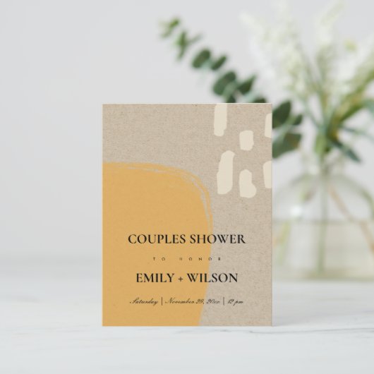 抽象芸術モダンクラフトさびオレンジ色カップルのシャワー インビテーションポストカード (スタンド正面)