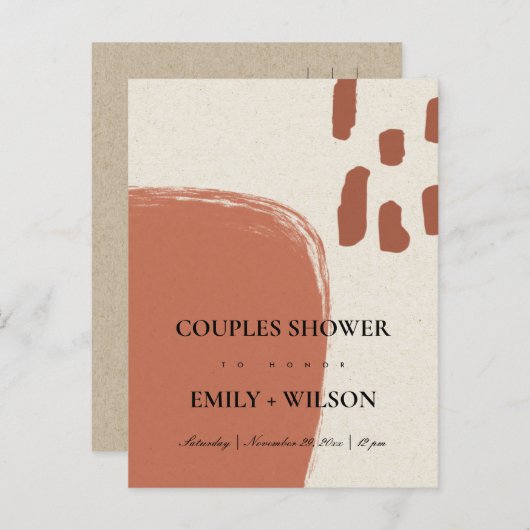 抽象芸術モダンクラフトテラコッタカップルのシャワー インビテーションポストカード (正面/裏面)