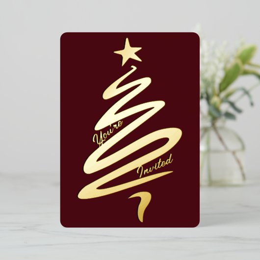 抽象芸術モダンクリスマスツリーホリデイ 箔招待状 (立ち正面)