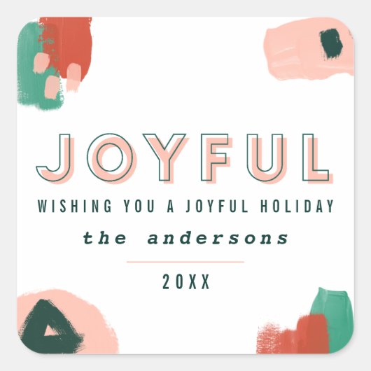 抽象芸術モダングラフィック赤、ピンク+緑の喜び スクエアシール (正面)