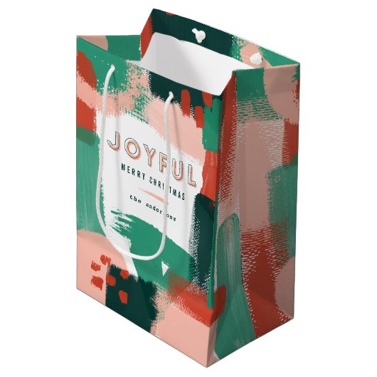 抽象芸術モダングラフィック赤、ピンク+緑の喜び ミディアムペーパーバッグ (正面アングル)