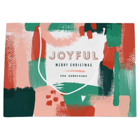 抽象芸術モダングラフィック赤、ピンク+緑の喜び ラージペーパーバッグ (正面)