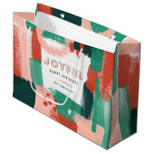 抽象芸術モダングラフィック赤、ピンク+緑の喜び ラージペーパーバッグ (正面アングル)