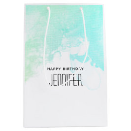 抽象芸術モダングリーンとブルーウォーターのカラー誕生日 ミディアムペーパーバッグ