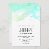 抽象芸術モダングリーンとブルーウォーターのカラー誕生日 招待状 (正面/裏面)