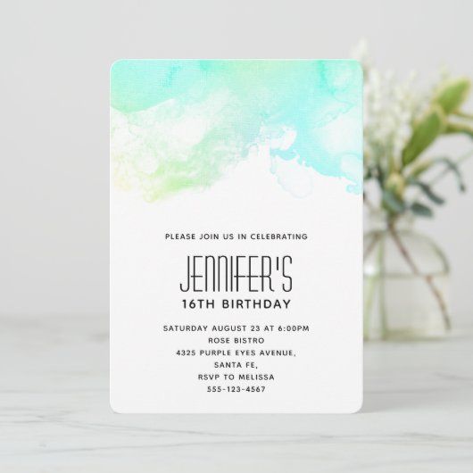 抽象芸術モダングリーンとブルーウォーターのカラー誕生日 招待状 (スタンド正面)