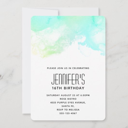 抽象芸術モダングリーンとブルーウォーターのカラー誕生日 招待状 (正面)