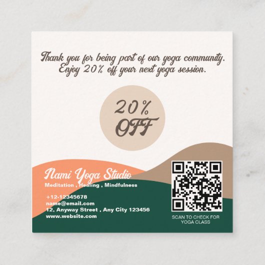 抽象芸術モダングリーンテラコッタヨガ 割引カード (裏面)